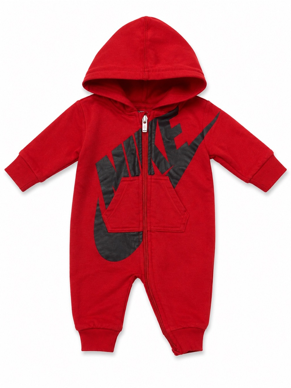 Nike Red Hooded Infant One-Piece with Black Swoosh